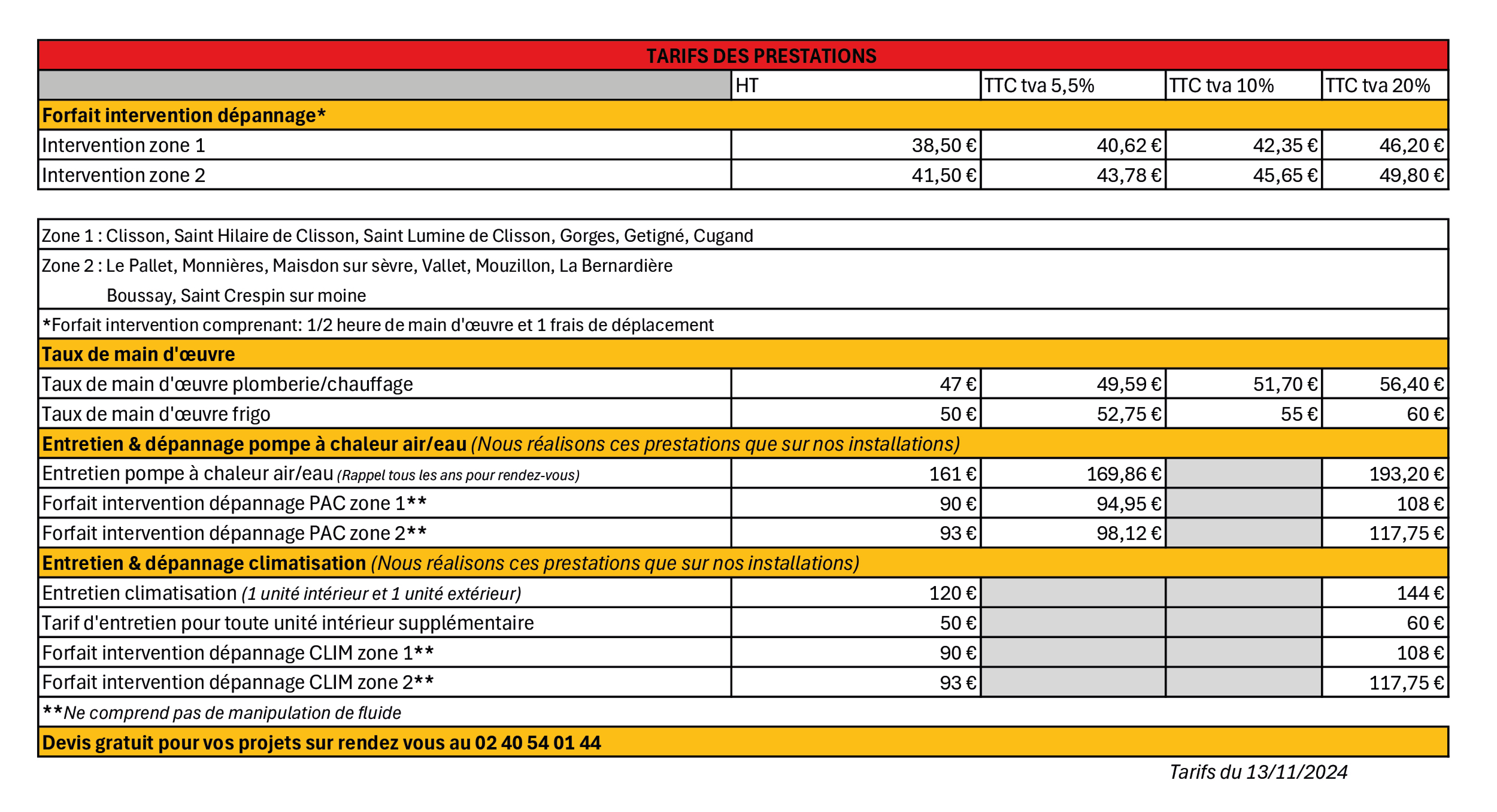 Grille des tarifs de l'entreprise Tessier